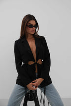 Lace-Up Detail Tasarim Black Jacket