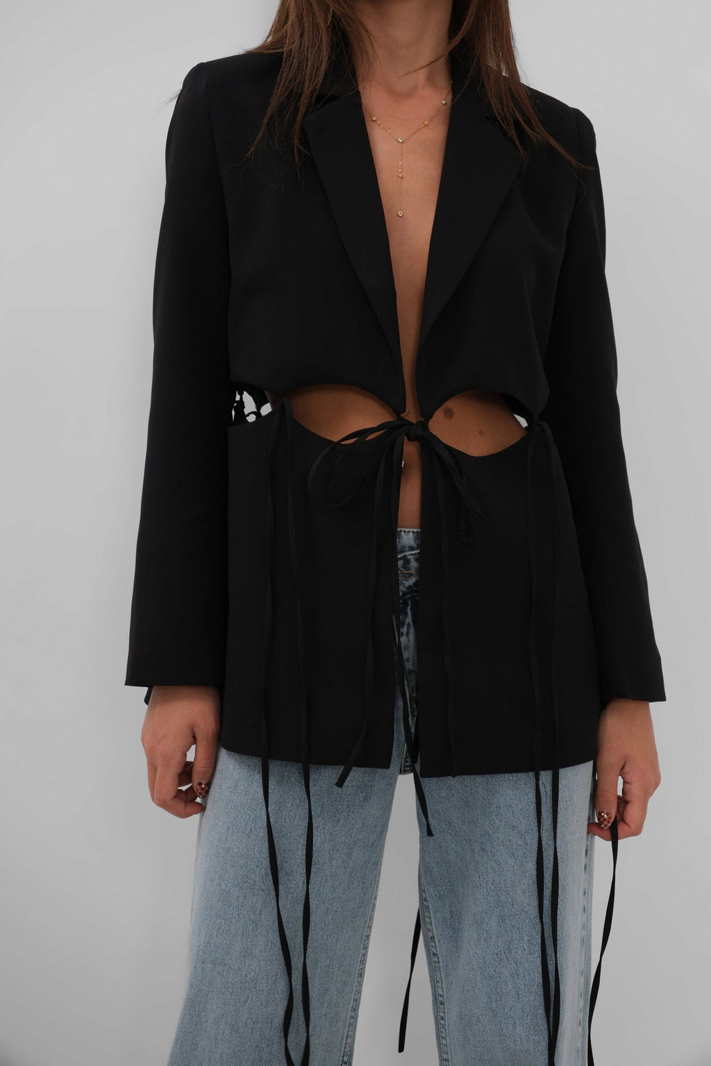 Lace-Up Detail Tasarim Black Jacket