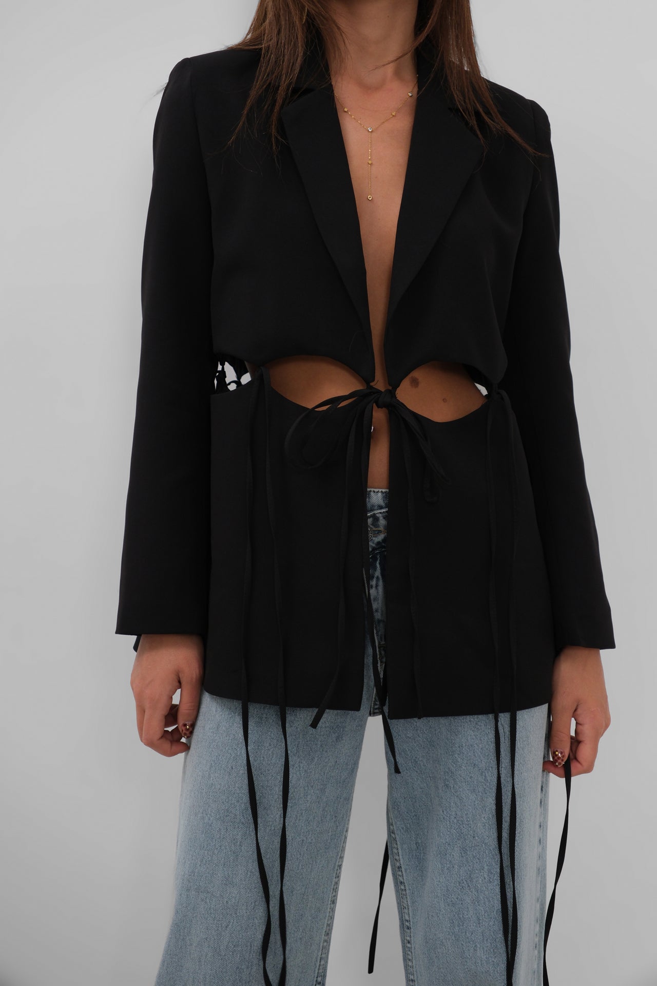 Lace-Up Detail Tasarim Black Jacket