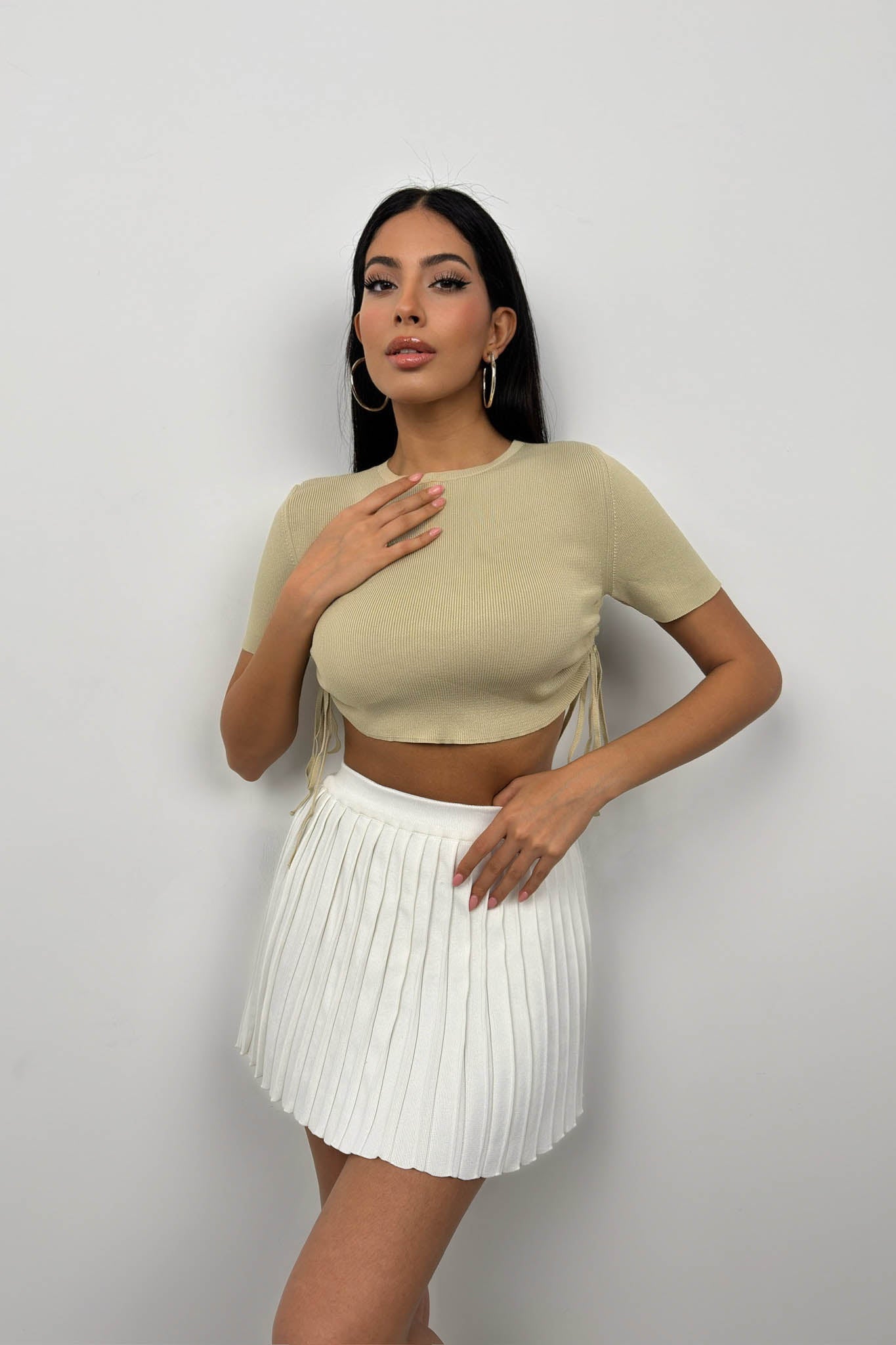 Lace-Up Beige Crop Blouse