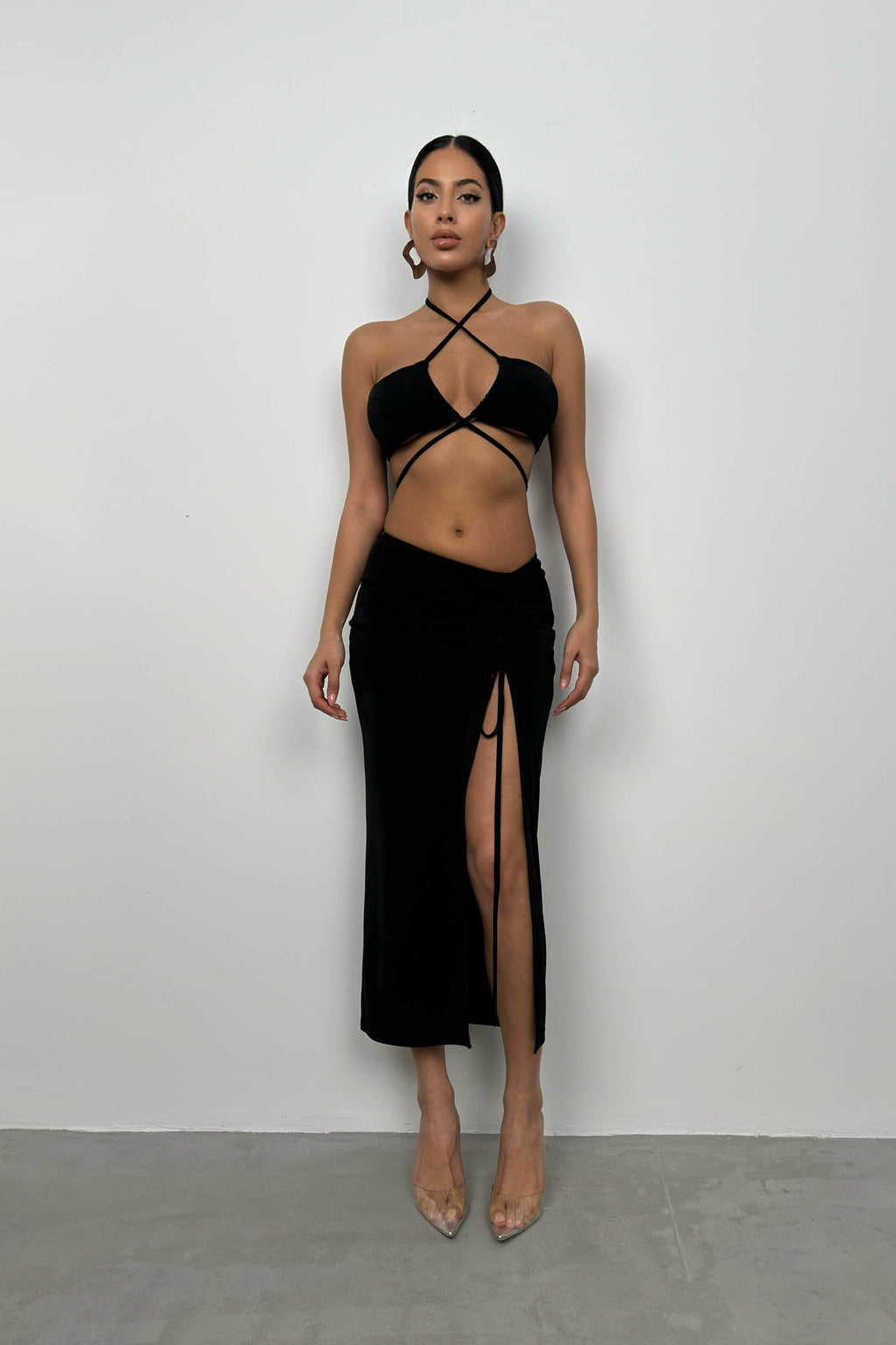 Lace-Up Crop Ruched Black Skirt Set