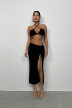 Lace-Up Crop Ruched Black Skirt Set