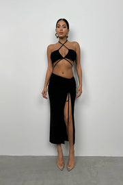 Lace-Up Crop Gathered Black Skirt Set