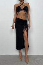 Lace-Up Crop Ruched Black Skirt Set
