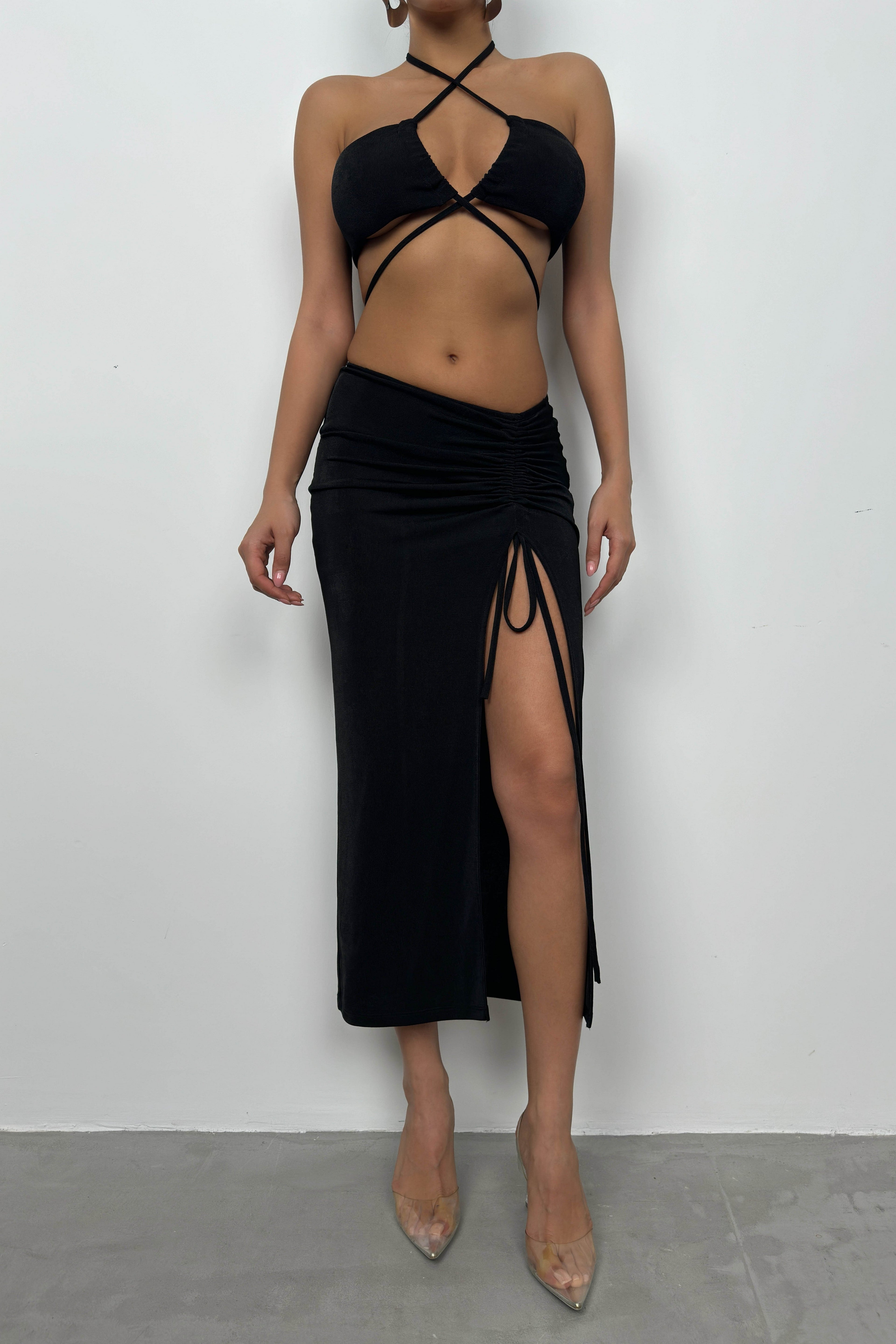 Lace-Up Crop Ruched Black Skirt Set