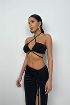 Lace-Up Crop Ruched Black Skirt Set