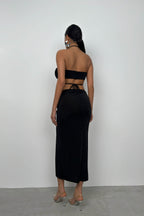 Lace-Up Crop Ruched Black Skirt Set