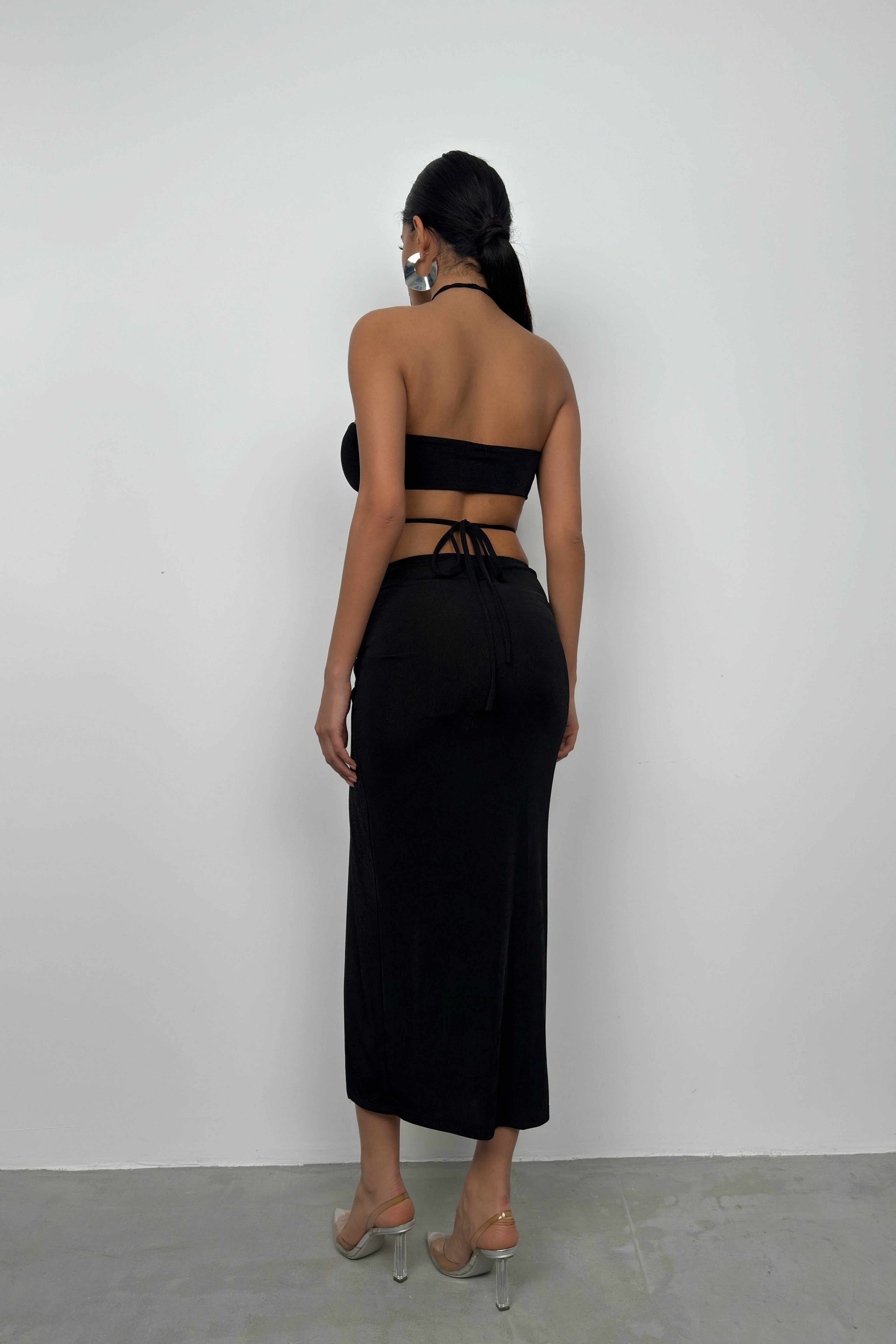 Lace-Up Crop Ruched Black Skirt Set