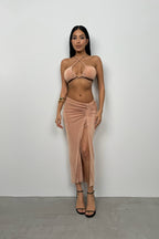 Lace-Up Crop Ruched Beige Skirt Set