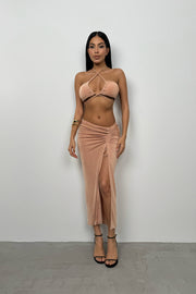 Lace-Up Crop Gathered Beige Skirt Set