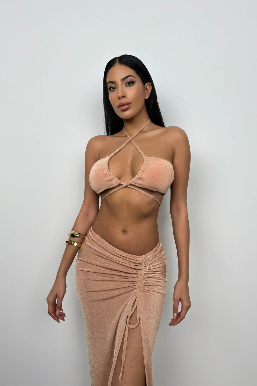 Lace-Up Crop Ruched Beige Skirt Set