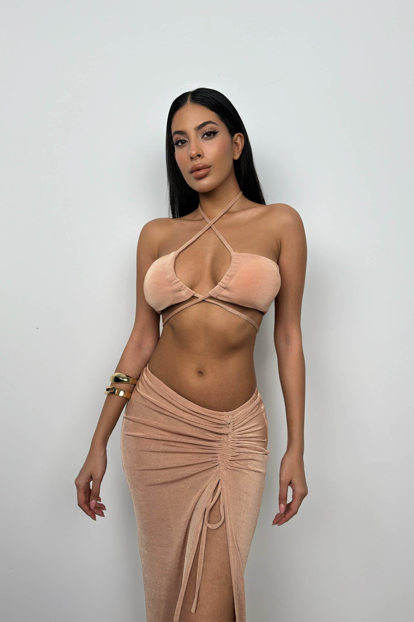 Lace-Up Crop Ruched Beige Skirt Set