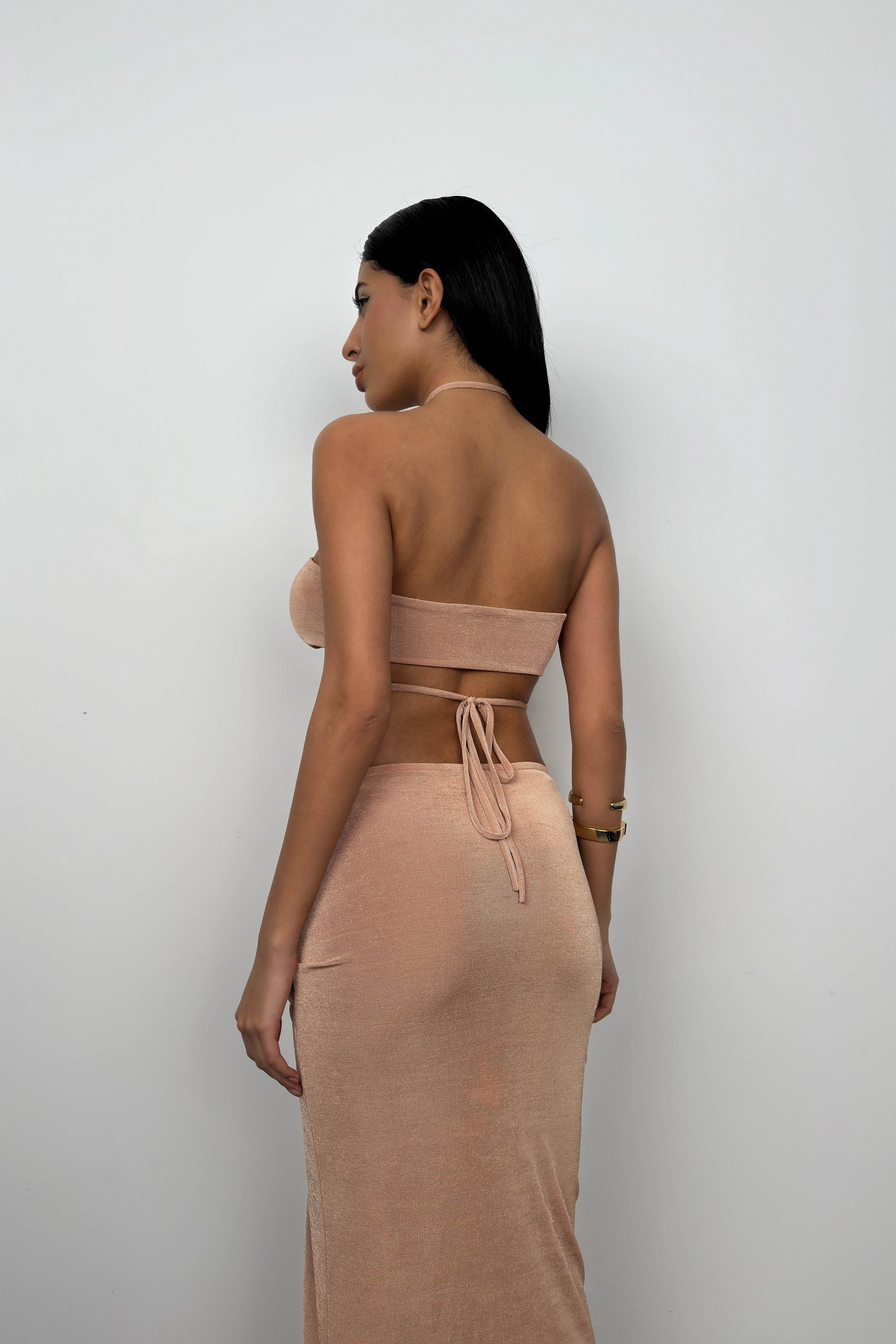Lace-Up Crop Ruched Beige Skirt Set