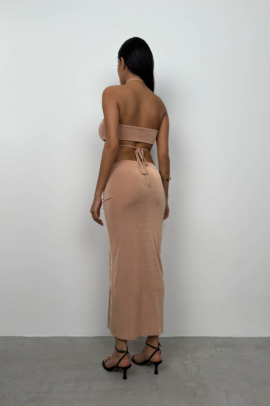 Lace-Up Crop Ruched Beige Skirt Set