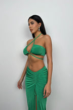 Lace-Up Crop Ruched Green Skirt Set