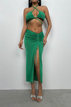 Lace-Up Crop Ruched Green Skirt Set