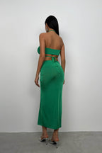 Lace-Up Crop Ruched Green Skirt Set