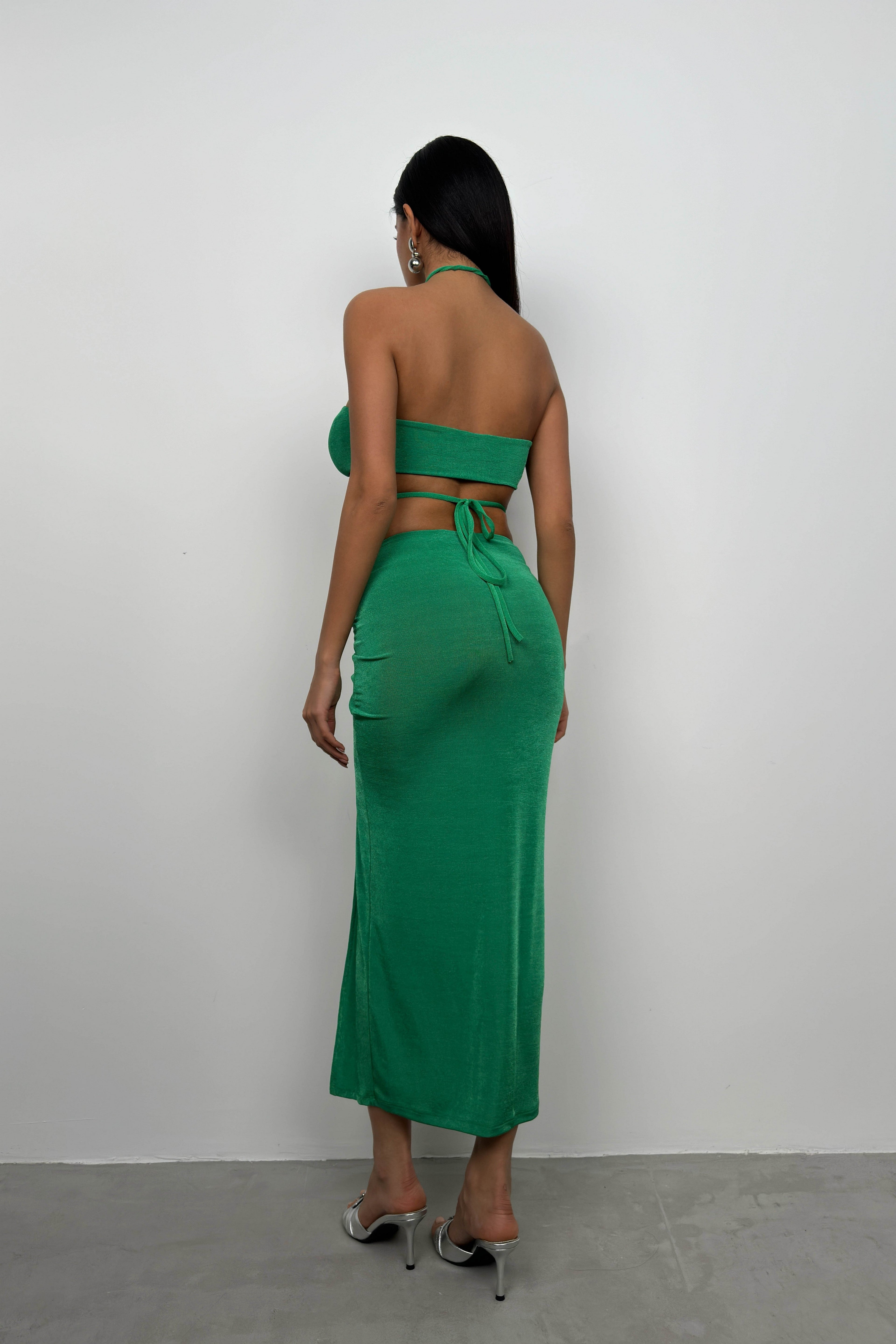 Lace-Up Crop Ruched Green Skirt Set