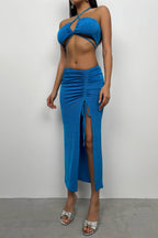 Lace-Up Crop Ruched Blue Skirt Set