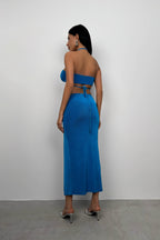 Lace-Up Crop Ruched Blue Skirt Set