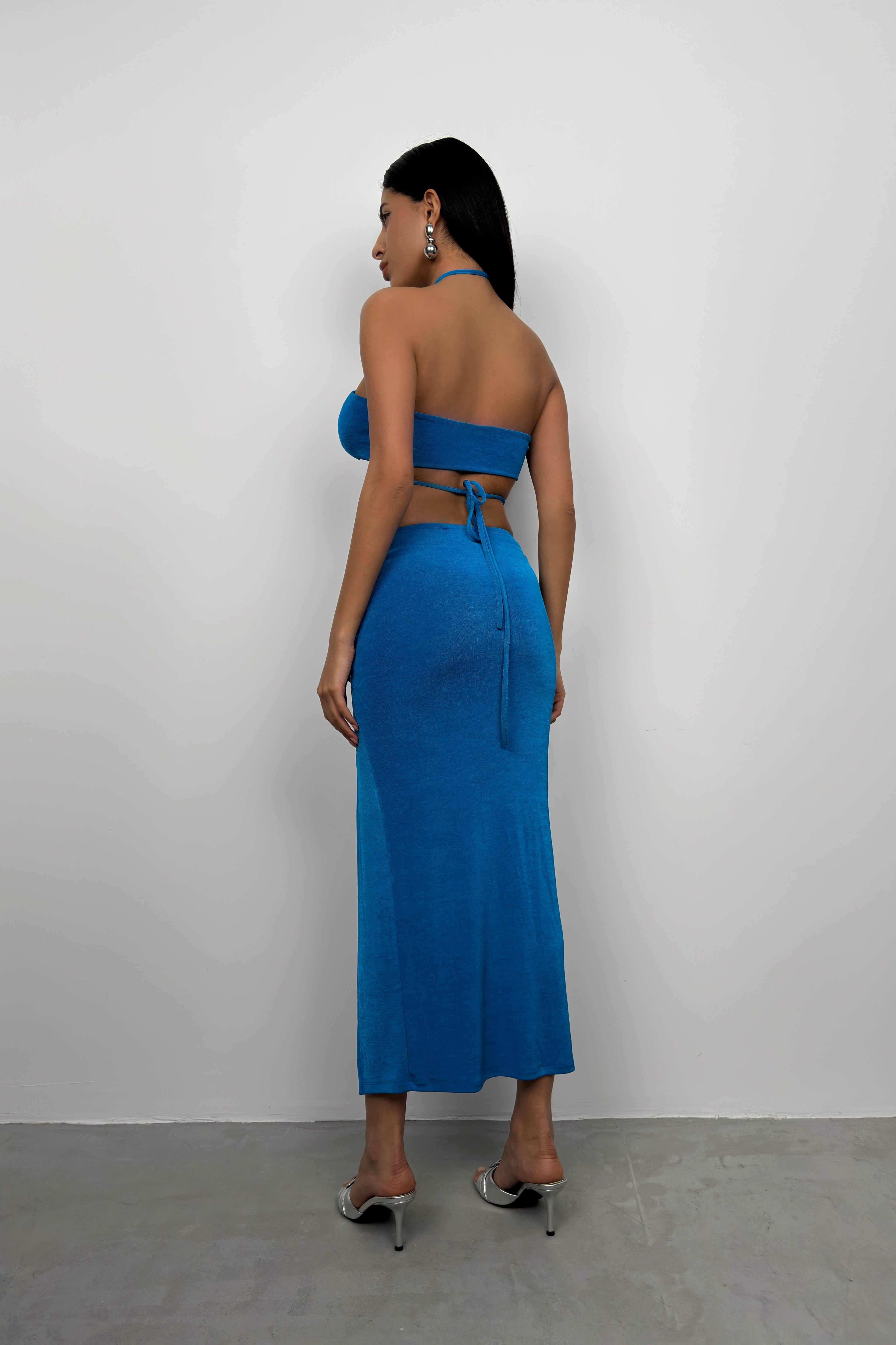 Lace-Up Crop Ruched Blue Skirt Set