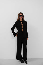 Lace-up Cardigan Oversized Trousers Knitwear Black Set