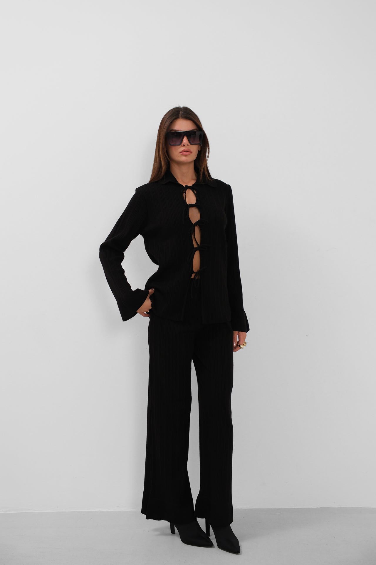 Lace-Up Cardigan Oversize Pants Triko Black Set