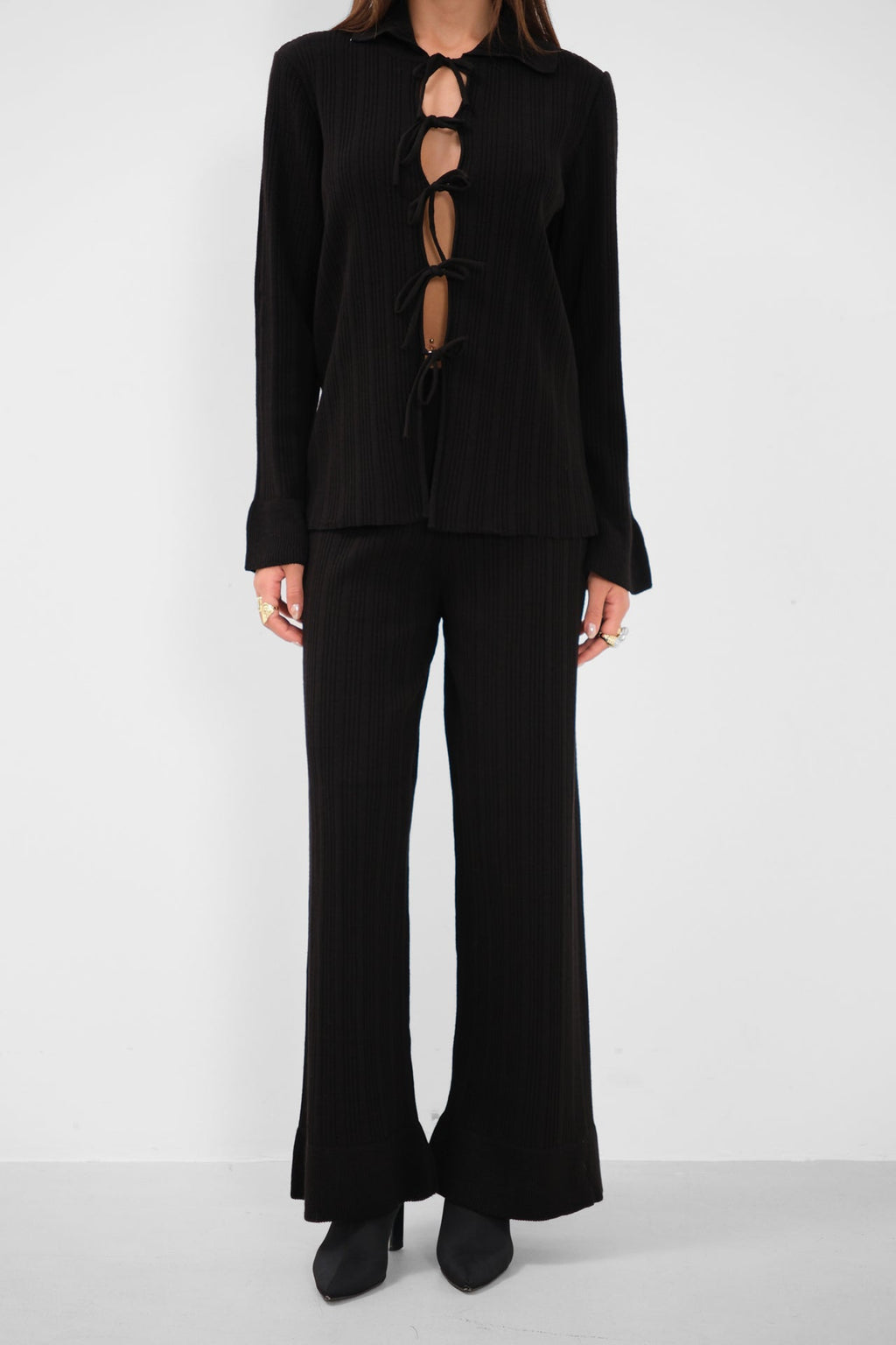 Lace-Up Cardigan Oversize Pants Triko Black Set