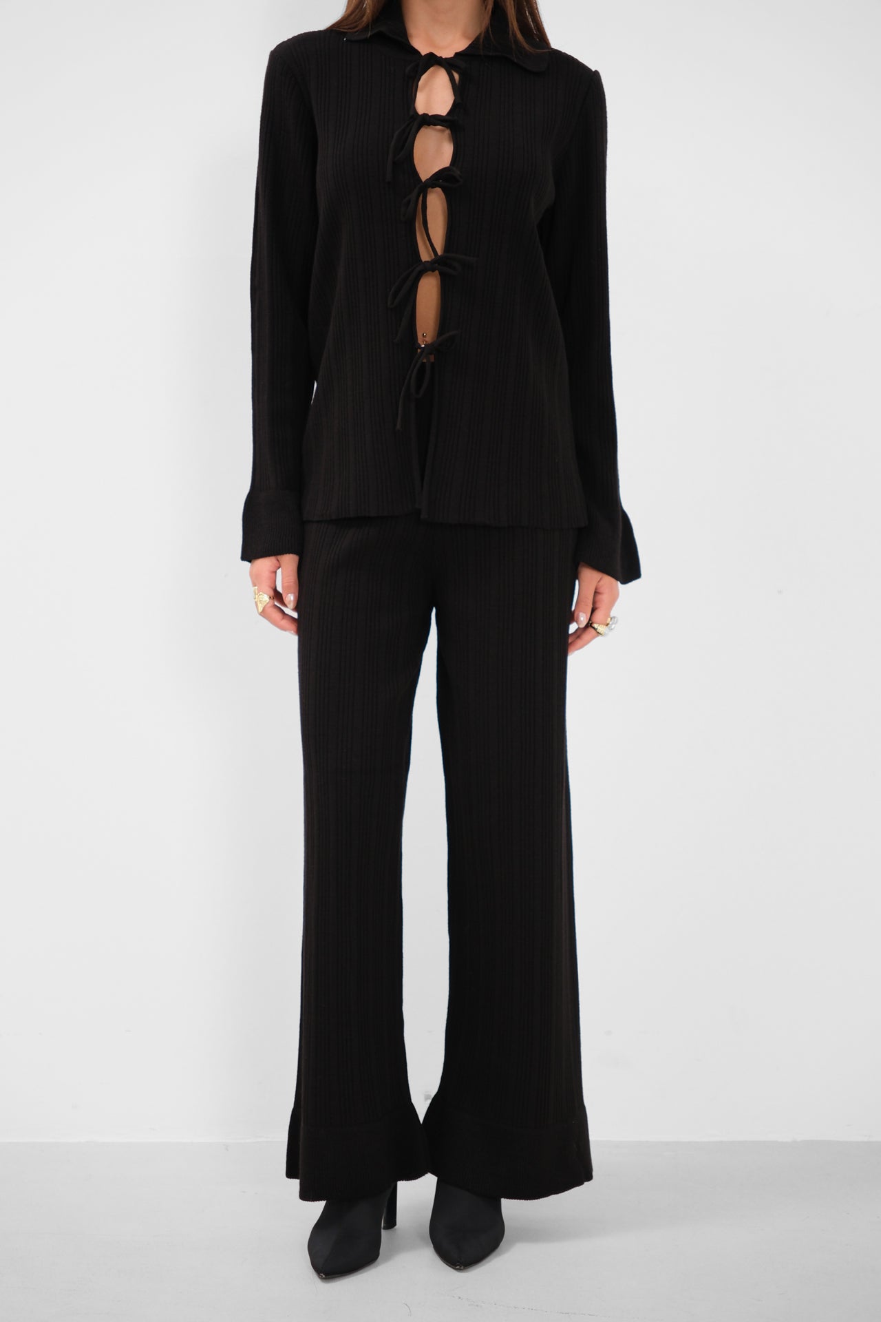 Lace-Up Cardigan Oversize Pants Triko Black Set