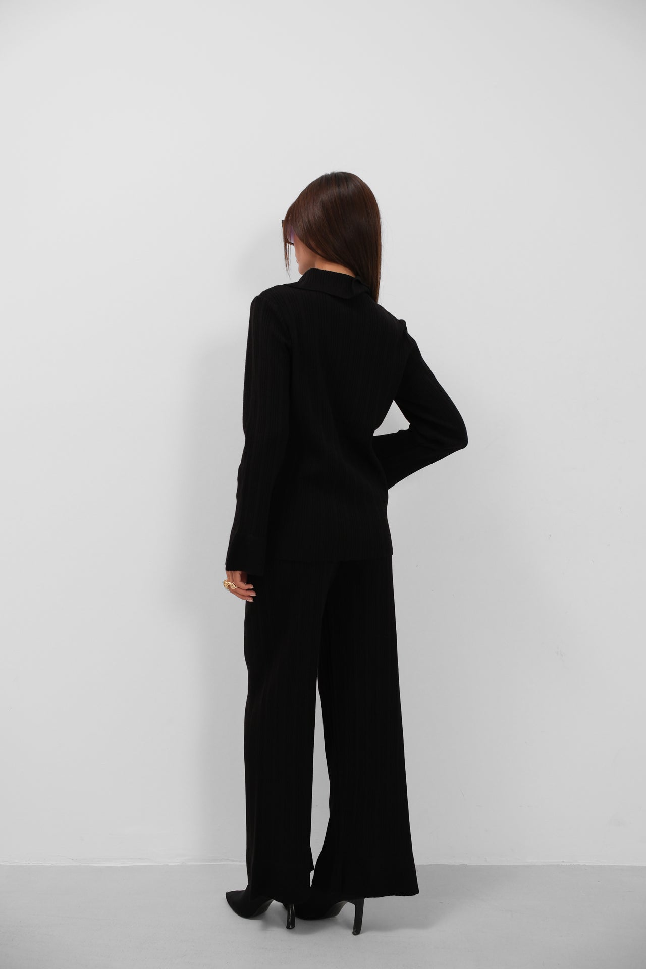 Lace-Up Cardigan Oversize Pants Triko Black Set