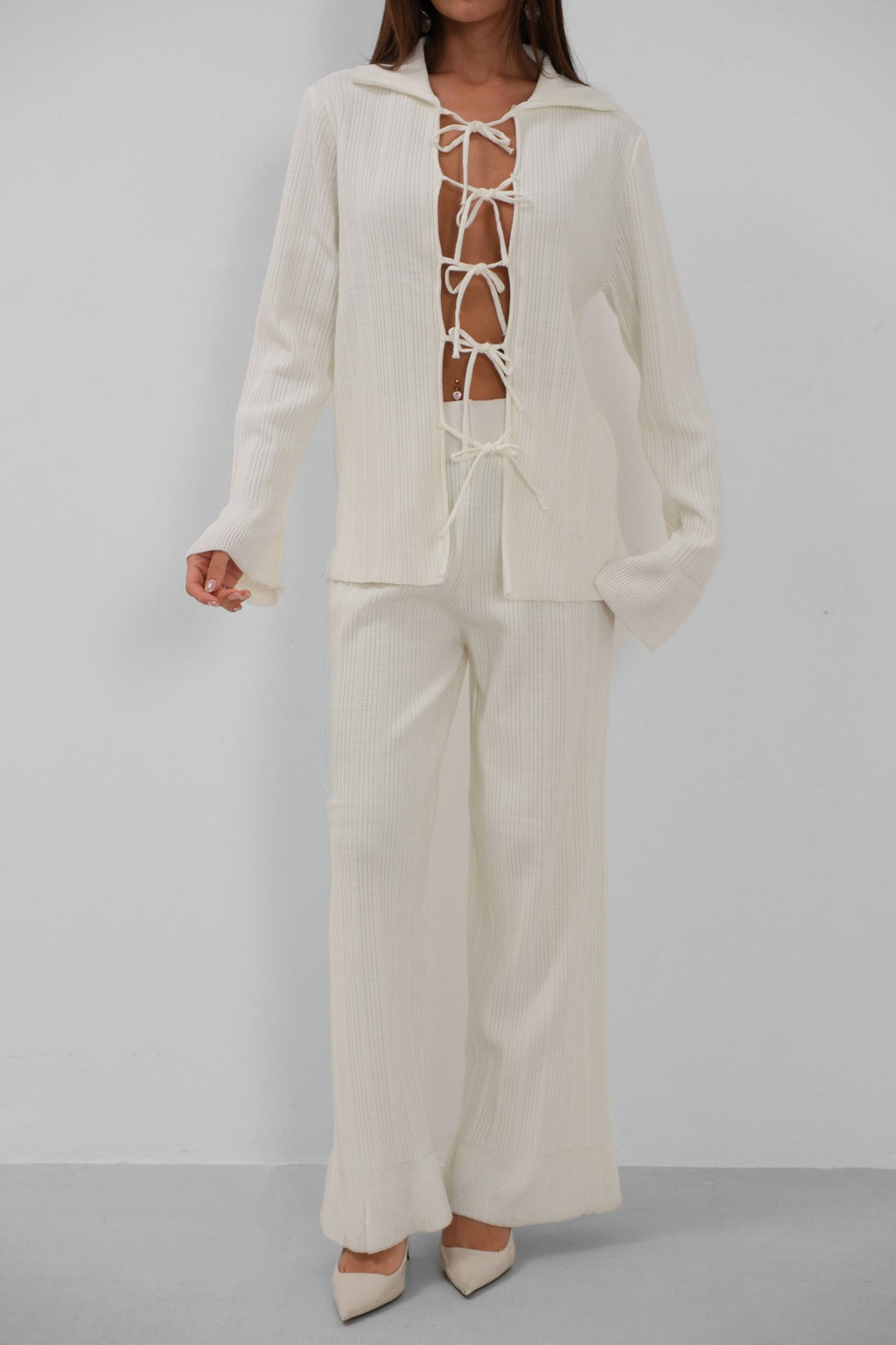 Lace-Up Cardigan Oversize Pants Triko Ecru Set