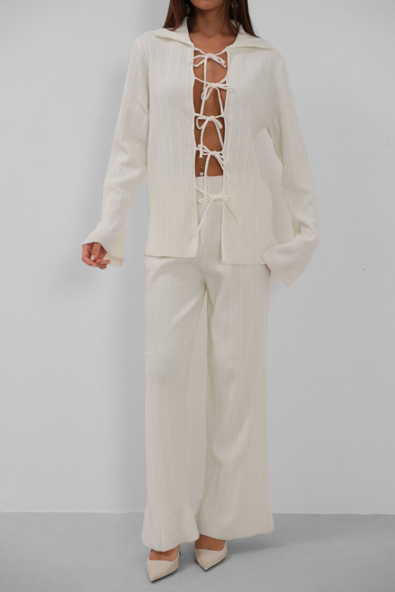 Lace-Up Cardigan Oversize Pants Triko Ecru Set