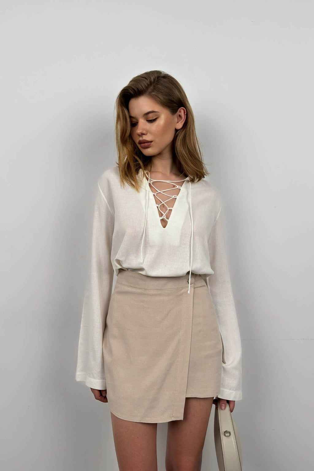Lace-Up White Linen Blouse