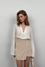 Lace-Up White Linen Blouse