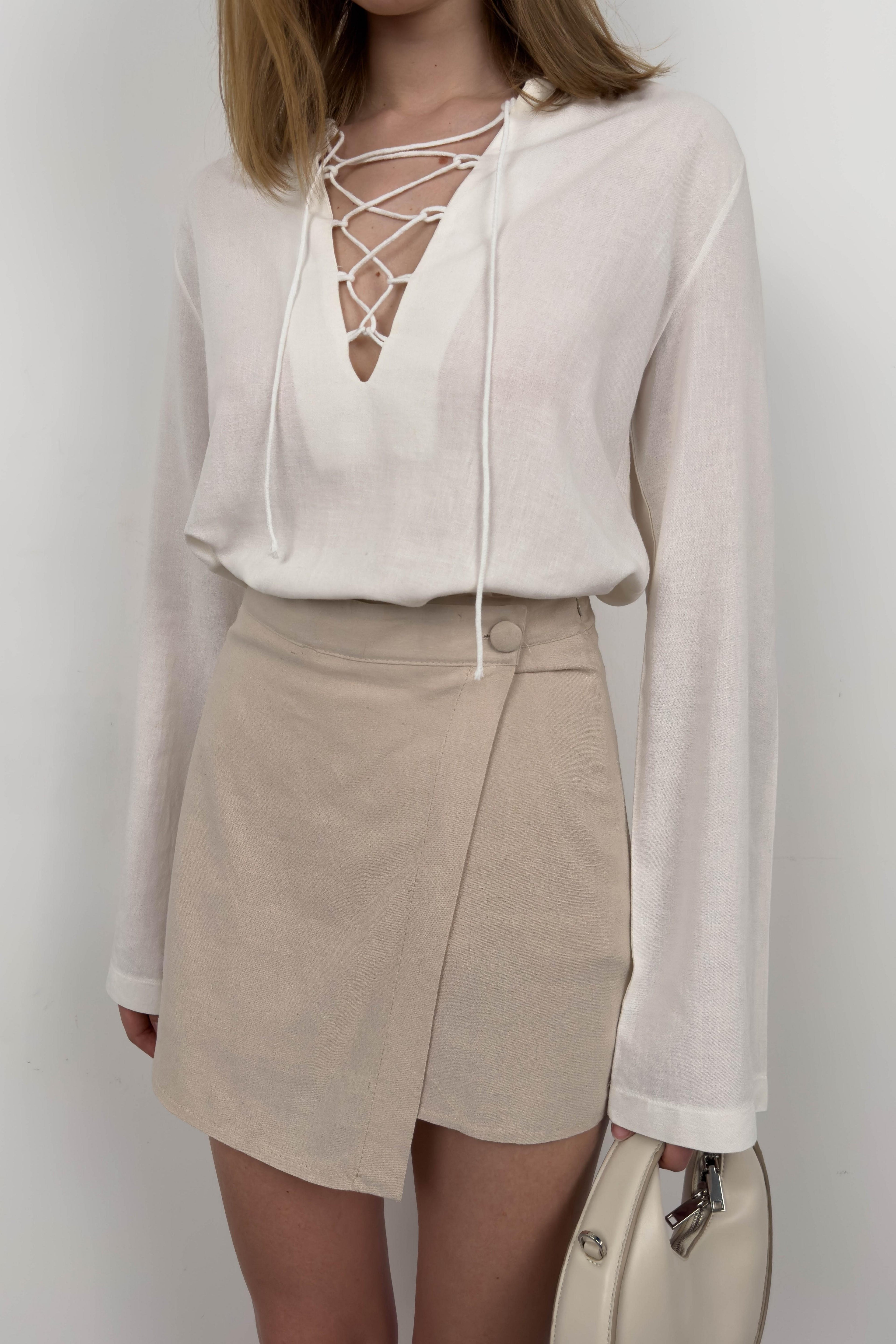 Lace-Up White Linen Blouse