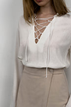 Lace-Up White Linen Blouse