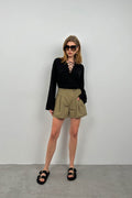 Lace-Up Black Linen Blouse
