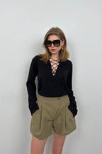 Lace-Up Black Linen Blouse