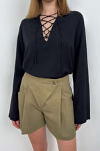 Lace-Up Black Linen Blouse