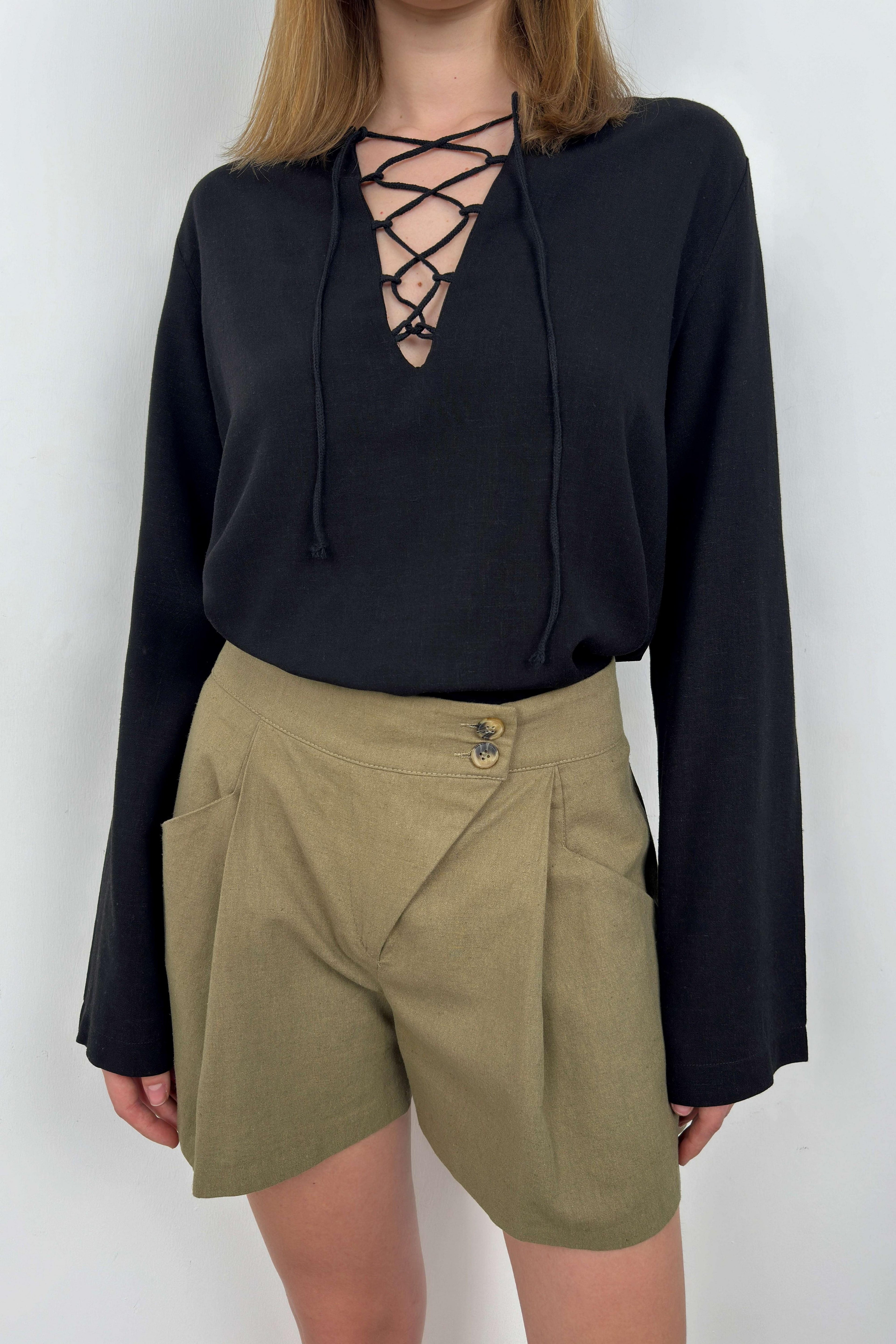 Lace-Up Black Linen Blouse