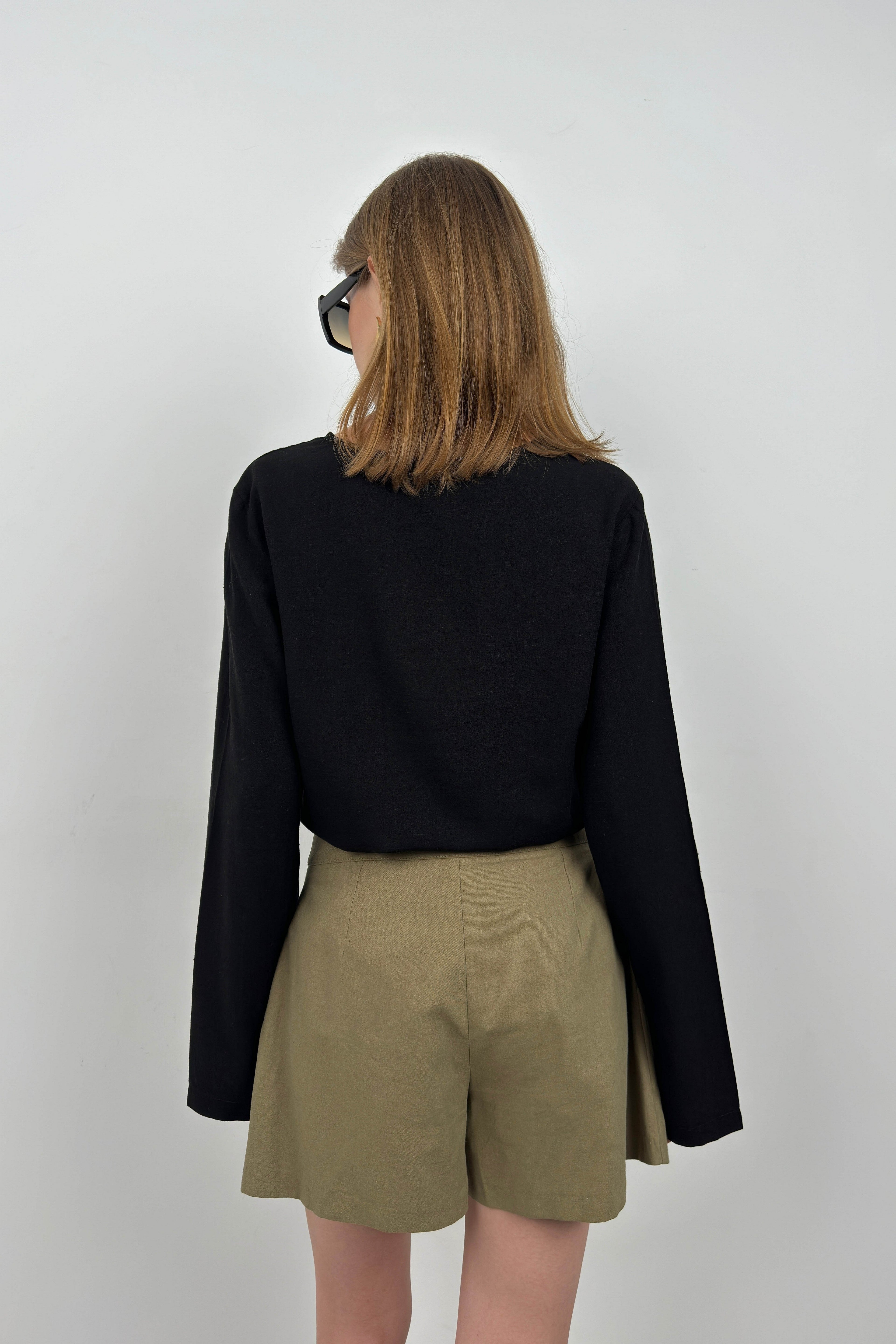 Lace-Up Black Linen Blouse