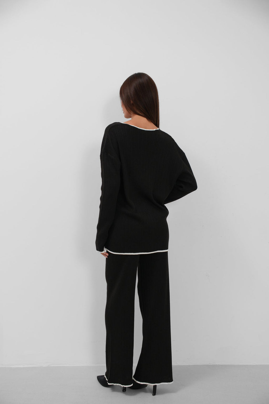 Lace-Up and Biye Detail Cardigan Pants Triko Black Set
