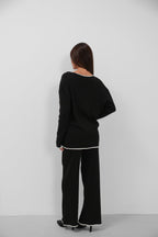 Lace-Up and Biye Detail Cardigan Pants Triko Black Set