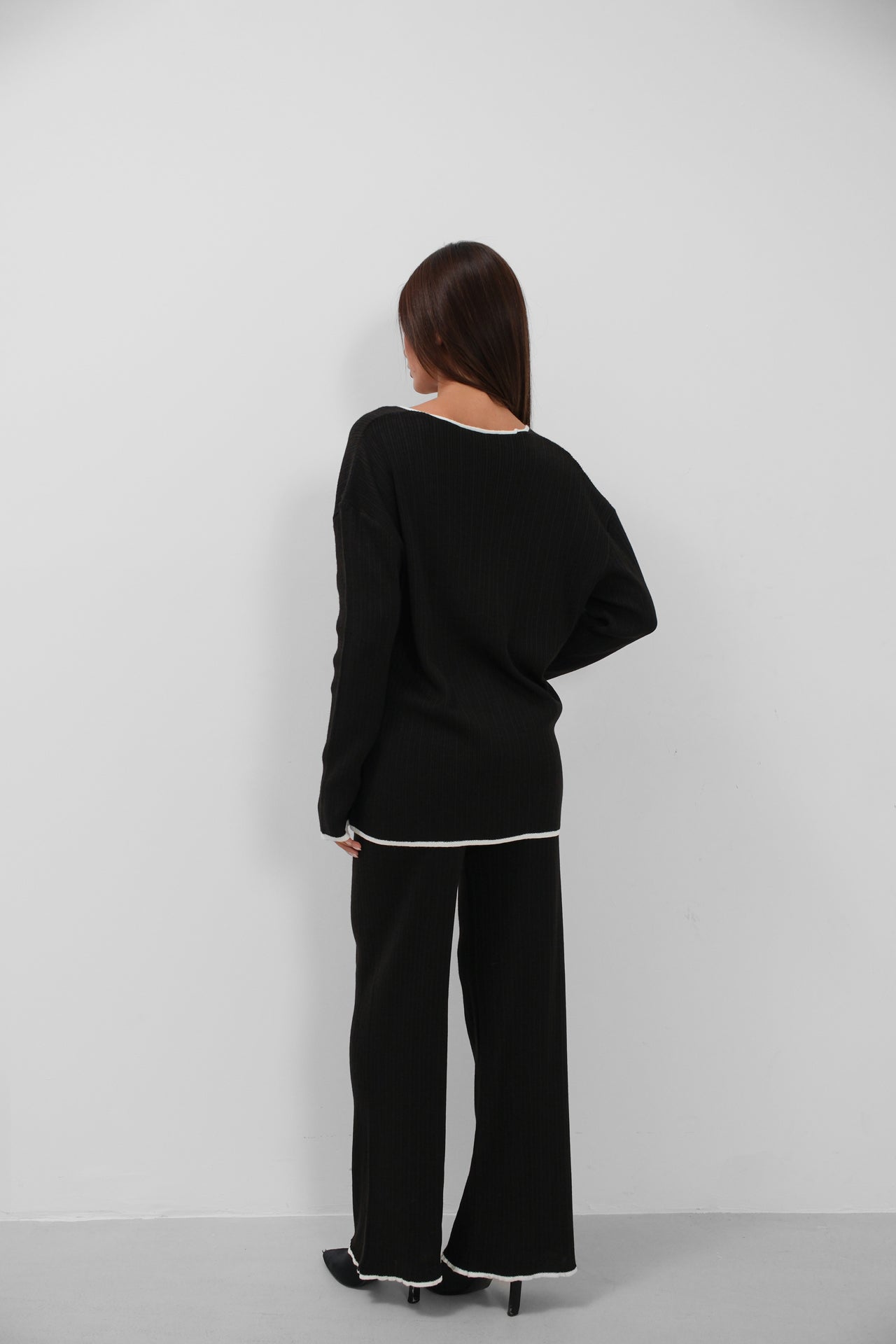 Lace-Up and Biye Detail Cardigan Pants Triko Black Set