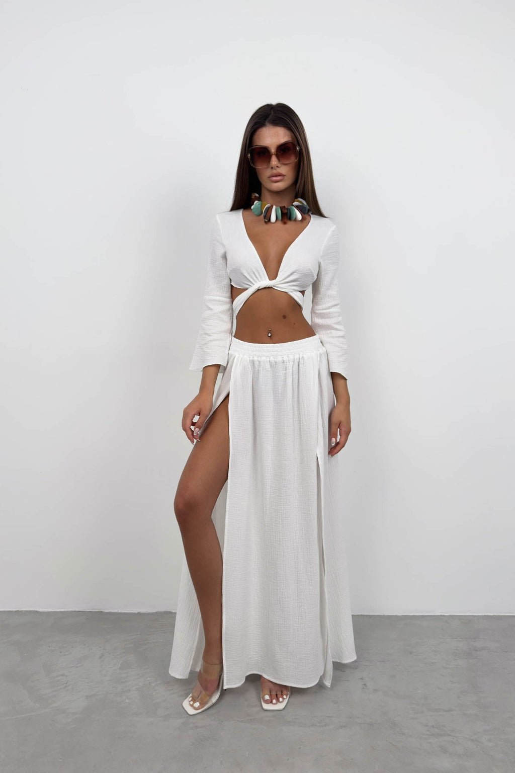 Lace-Up Slit White Skirt Set