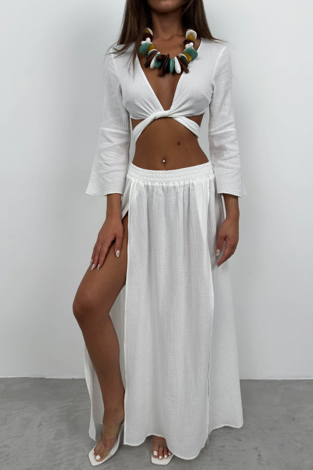 Lace-Up Slit White Skirt Set