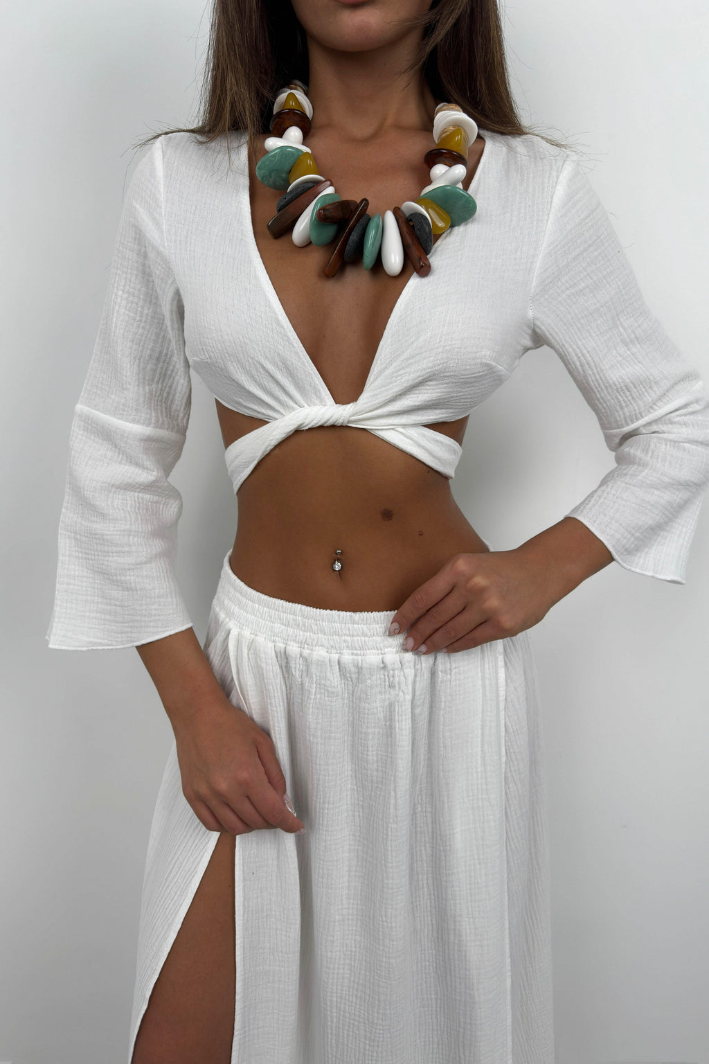 Lace-Up Slit White Skirt Set