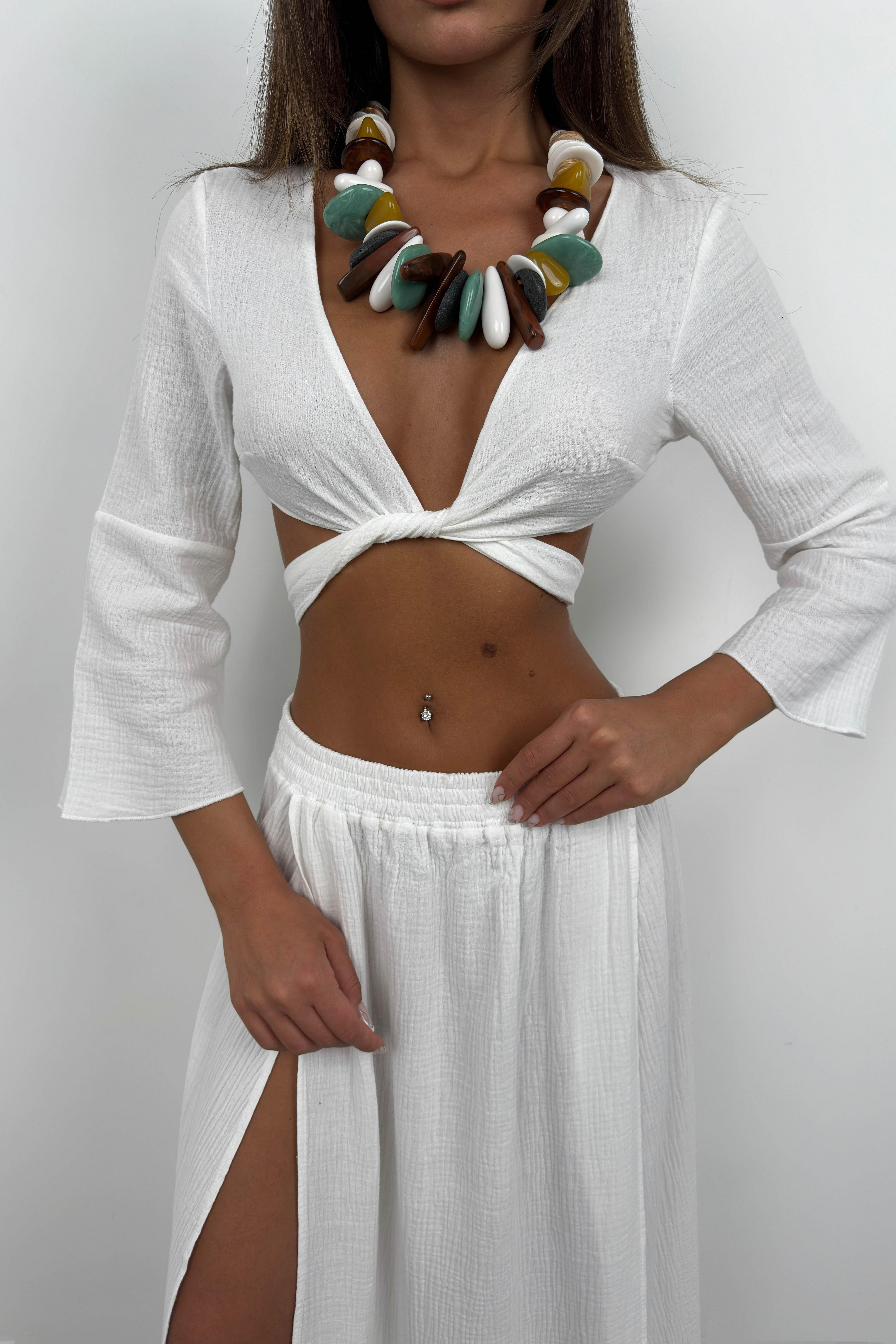 Lace-Up Slit White Skirt Set