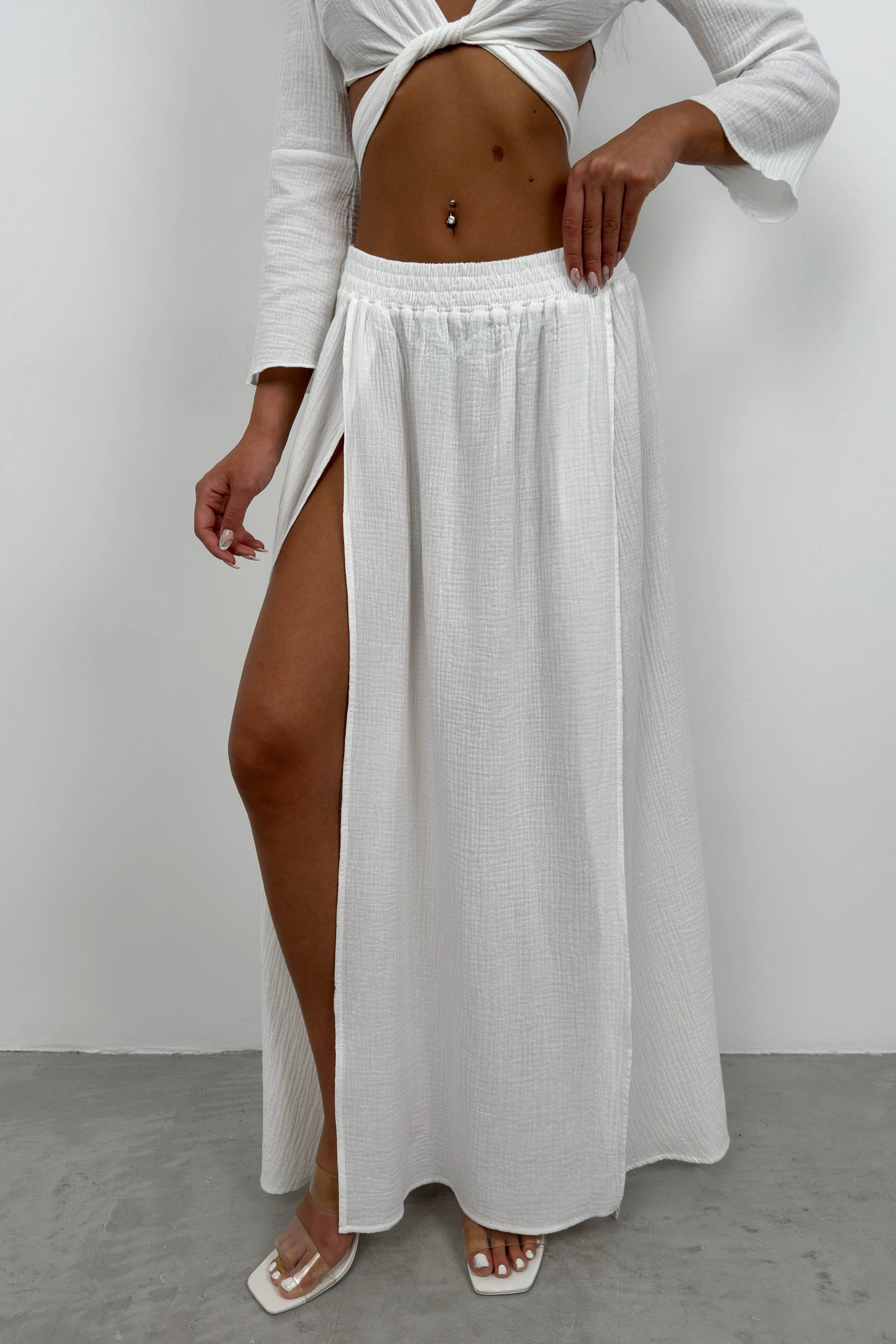 Lace-Up Slit White Skirt Set