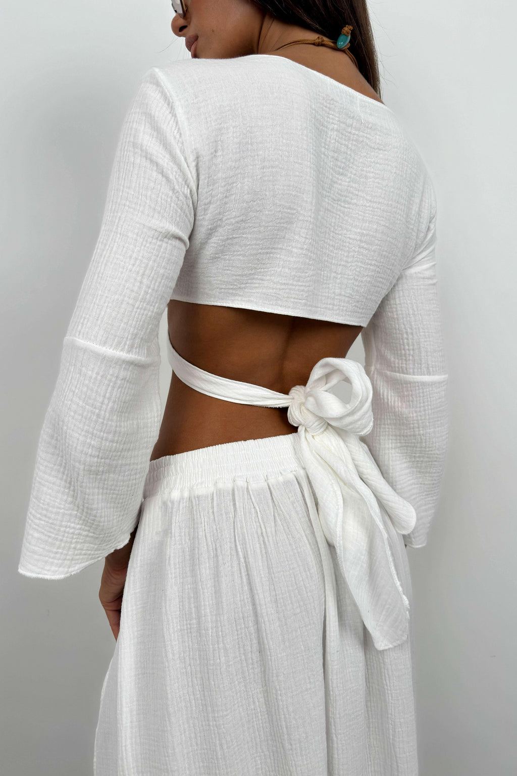 Lace-Up Slit White Skirt Set